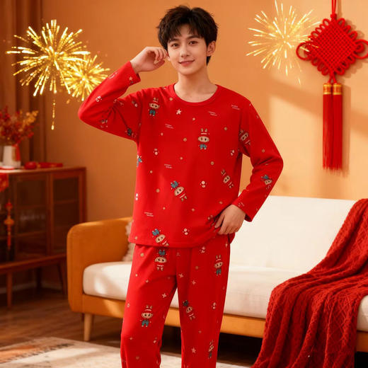 2026年马年新年儿童纯棉A类大红色秋衣秋裤新年福气无骨莱卡套装童秋睡衣男女童宝宝内衣家居服套装90-160 商品图8