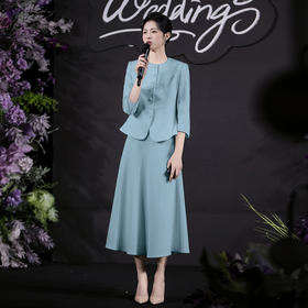 法小曼*子珍专款/春夏女2025年新款时尚套装年轻洋气减龄正装蓝绿色职业装西装伞裙