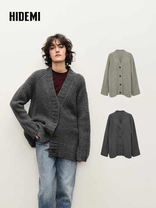 HIDEMI 进口绵羊毛加厚款缩绒v领纽扣式书生开衫毛衣外套 商品图0