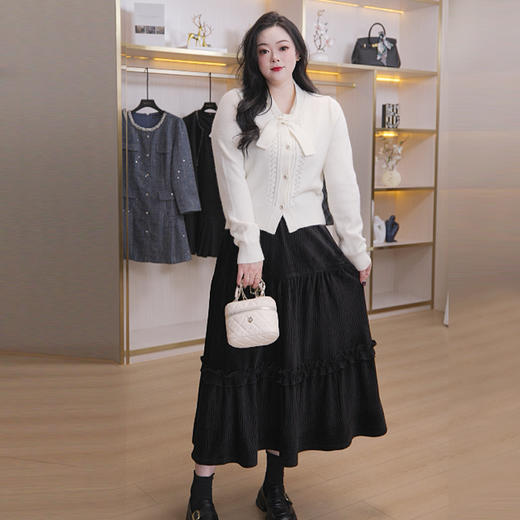 奢姿大码女装2025冬季蝴蝶结减龄绑带针织套装胖妹妹时尚两件套9854970712AB 商品图0