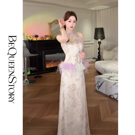 【孤品样衣，不退不换】【葡香月令】国风真丝醋酸山水画提花拼接鸵鸟毛套装 商品图3