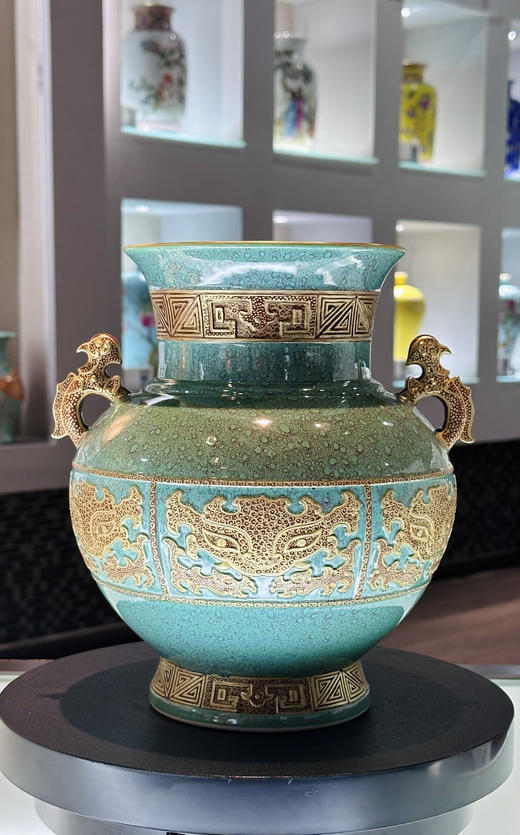 荤炉钧雕刻描金双耳瓶 商品图0