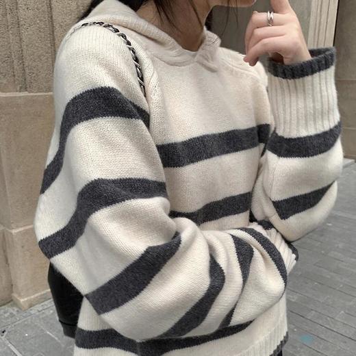 伊泺杉韩系连帽条纹针织套头毛衣 | 柔软舒适有垂感 挺括有型 藏肉显瘦 厚薄适中 商品图1