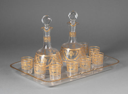 独角鹿西洋古董19世纪末20世纪初法国著名水晶工坊圣路易出品24K描金修饰Congress花纹款精雕水晶酒具套件 商品图2