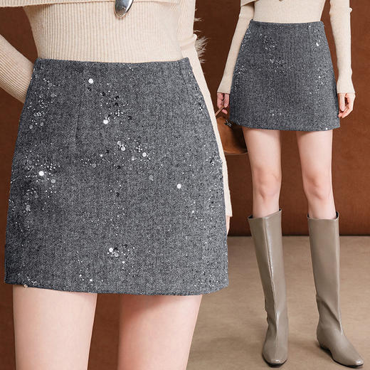 「自」全新升级【铂金会员137/天猫179/差价42】(14211)洛诗琳气质亮片毛呢包臀半身裙2025冬季新款时尚显瘦A字裙 商品图3