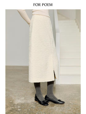 ForPoem 25/FW 原创设计前开叉浮雕提花米白色气质中长款半身裙