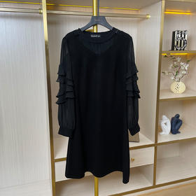 奢姿大码女装2025冬季胖妹妹时尚黑纱层叠袖设计气质圆领连衣裙9954870682