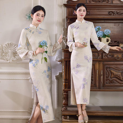 SKY 661019复古中国风提花加绒长款旗袍时尚改良日常旗袍 商品图0