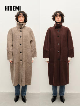 HIDEMI 极简立领大廓形经典落肩粗花呢浮雕澳洲羊毛厚款纽扣式长款口袋大衣