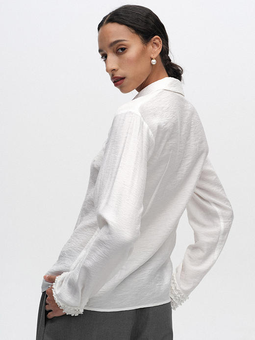 TR她热 优雅爵士 白色亚麻垂感拼接荷叶边显瘦复古法式翻领衬衫 商品图1