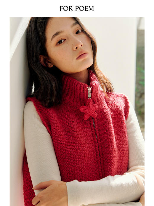 ForPoem 25/FW 圣诞新年红色半高领圈圈羊毛手钩花朵背心马甲 商品图2