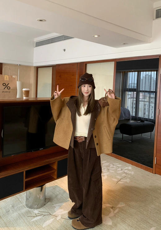 韩国小众订单南瓜色+摩卡棕两件套双面尼大衣 商品图9