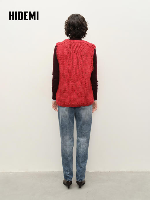 HIDEMI 极简圆领手工棒针粗针绵羊毛混纺加厚款宽松毛织马甲背心 商品图3
