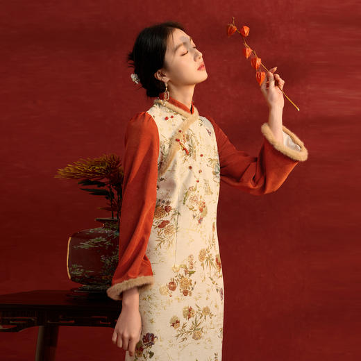 三彩【锦绣流年】2025冬季新款新中式连衣裙假两件旗袍裙长裙C 商品图2
