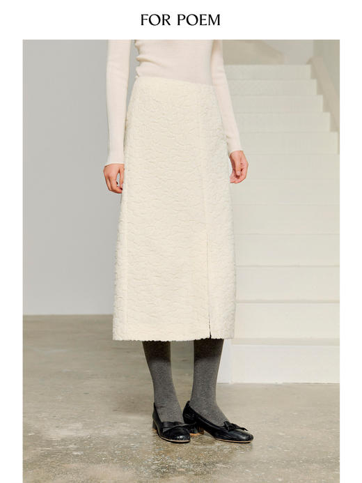 ForPoem 25/FW 原创设计前开叉浮雕提花米白色气质中长款半身裙 商品图3