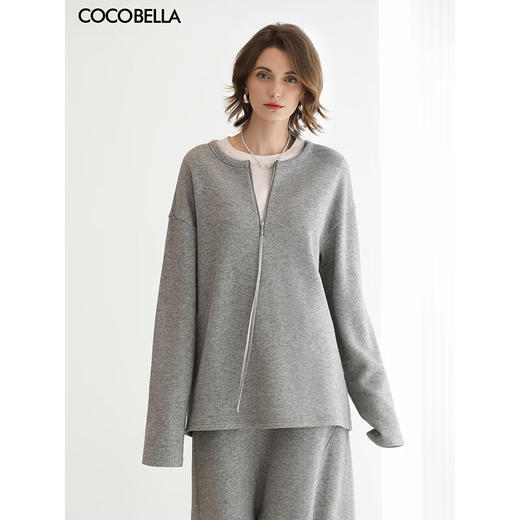 COCOBELLA简约圆领灰色拉链毛衣女秋冬休闲套头针织衫MZ3301 商品图0