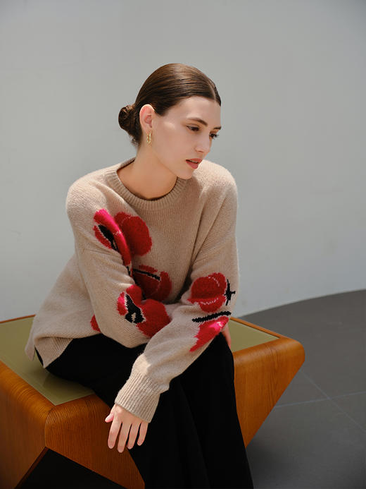 【羊绒+桑蚕丝针织套衫】羊绒世家秋冬新品女士圆领套头内搭保暖针织衫 商品图0