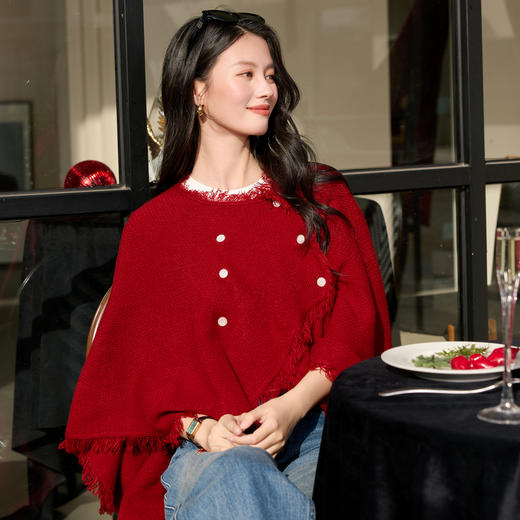 三彩2025新款复古酒红针织披肩保暖氛围感毛须节日浪漫约会慵懒女 商品图4