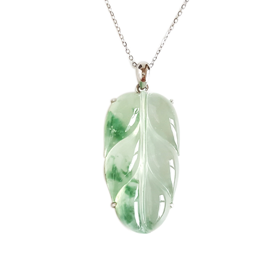 【天然正品】A货翡翠AU750收藏级白金镶天然木那高冰种飘蓝花叶子（金枝玉叶）翡翠吊坠项链36.1*16.2*7.1MM（皆取最大值）链长：45CM（长度可调节）女士021225NJS11