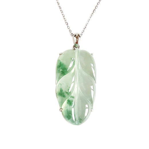 【天然正品】A货翡翠AU750收藏级白金镶天然木那高冰种飘蓝花叶子（金枝玉叶）翡翠吊坠项链36.1*16.2*7.1MM（皆取最大值）链长：45CM（长度可调节）女士021225NJS11 商品图0