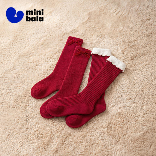 【新年季】迷你巴拉巴拉宝宝婴儿袜子新生儿柔软透气红色长袜2双 商品图1