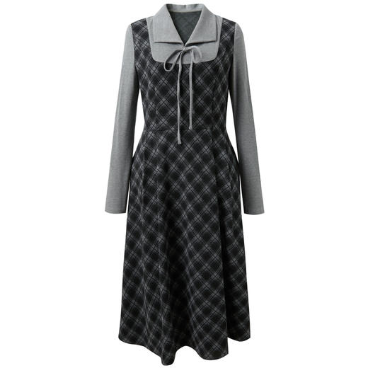 三彩2025冬季新款翻领系带假两件格纹连衣裙收腰A字长裙复古M 商品图4