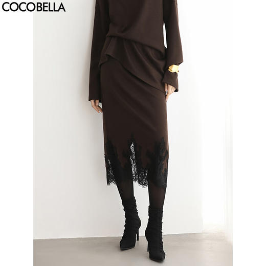 COCOBELLA女人味蕾丝刺绣半身裙新款直筒针织中长裙HS3113-3 商品图0