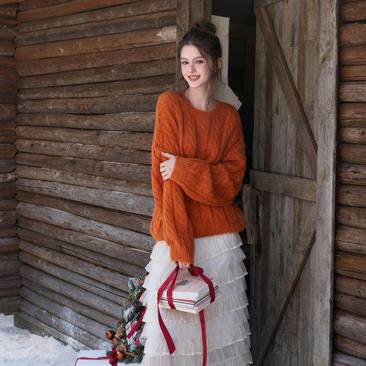 三彩2025冬季新款休闲简约绞花肌理针织衫长袖圆领套头毛衫上衣M 商品图1