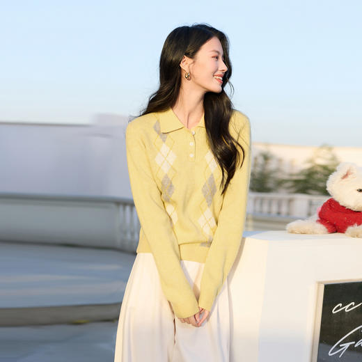 三彩2025冬季新款复古菱格纹Polo衫针织衫长袖套头毛衫上衣S 商品图1