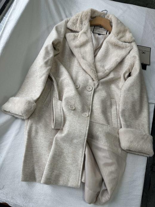 贝壳三 气质翻领仿兔毛双排扣大衣中长款系带毛呢外套C120319 商品图9