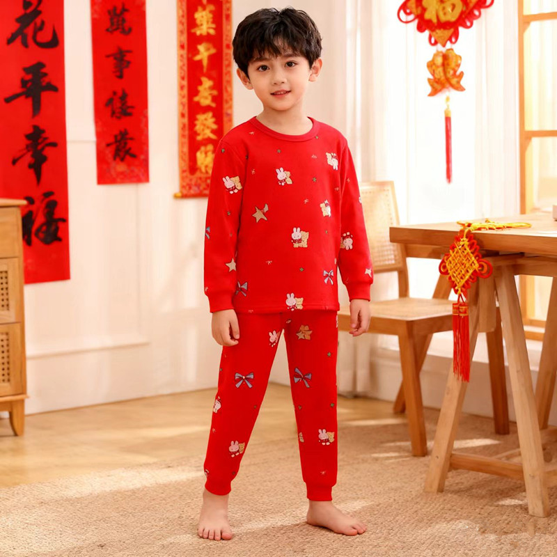 2026年马年新年儿童纯棉A类大红色秋衣秋裤新年福气无骨莱卡套装童秋睡衣男女童宝宝内衣家居服套装90-160