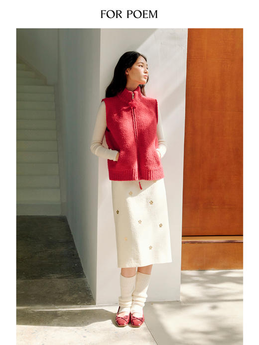 ForPoem【烫金系列】小花烫金肌理感小香风羊毛直筒半身裙 商品图1