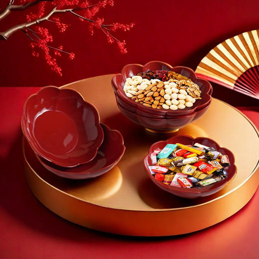 【花型盘新年果盘】红色过年结婚客厅家用 防摔加厚水果盘商用盘子 商品图1