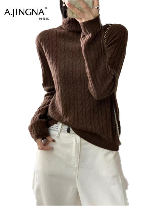 【复古绞花】阿菁娜冬季新款复古绞花羊毛衫100%绵羊毛坑条肌理立体绞花 高领显瘦F30D302015 商品图1
