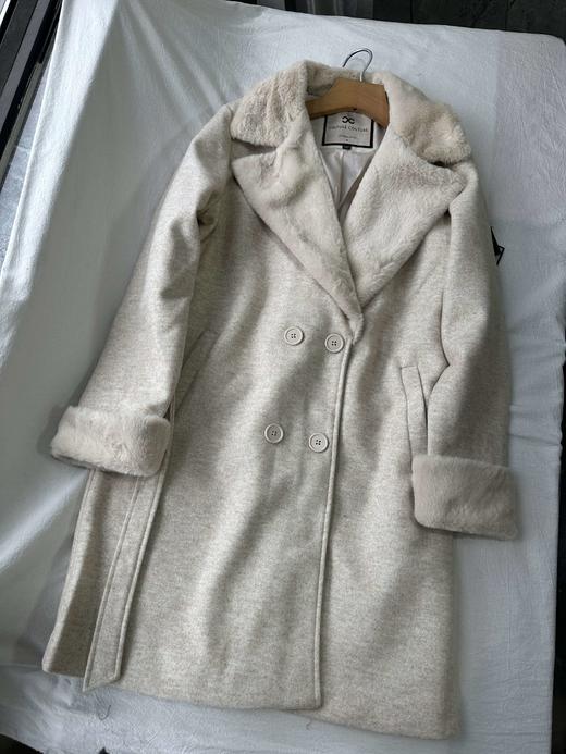 贝壳三 气质翻领仿兔毛双排扣大衣中长款系带毛呢外套C120319 商品图0