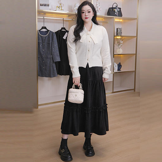 奢姿大码女装2025冬季蝴蝶结减龄绑带针织套装胖妹妹时尚两件套9854970712AB 商品图1