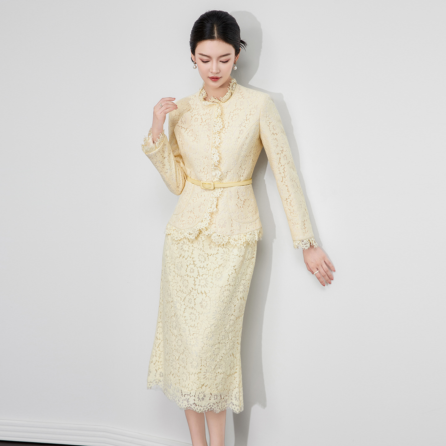 优雅复古法式宫廷风花边蕾丝收腰外套配半身裙套装WLZD2513109