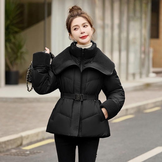 拉链翻领时尚潮牌白鸭绒保暖羽绒服送腰带HR-HBLJRD222 商品图2
