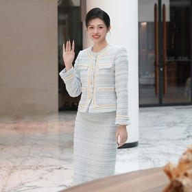 法小曼*子珍专款/淡蓝色职业装套裙小香风外套秋冬千金优雅长裙教师公开课厚款