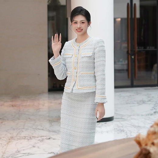 法小曼*子珍专款/淡蓝色职业装套裙小香风外套秋冬千金优雅长裙教师公开课厚款 商品图0