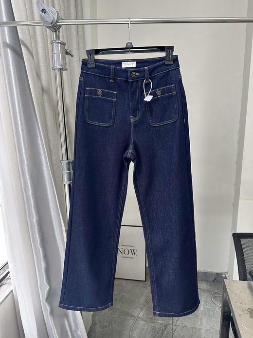 贝壳三 蓝色复古双口袋直筒牛仔裤女薄绒显瘦弹力长裤C120320 商品图0