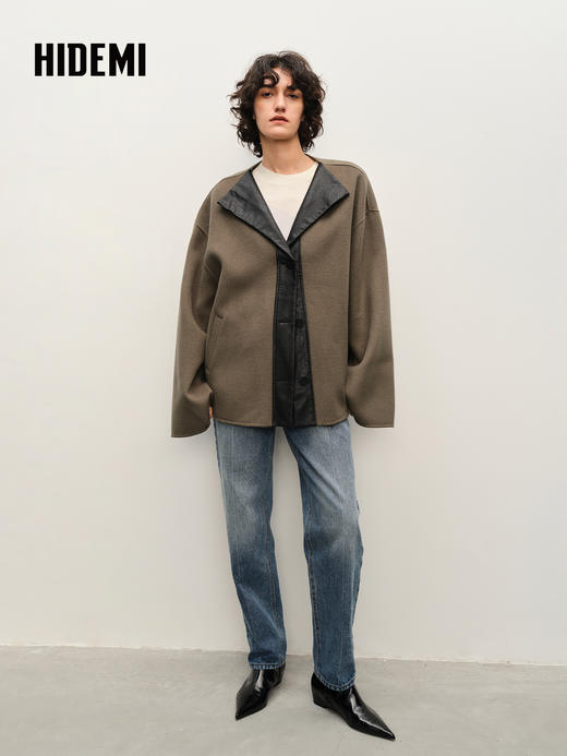 HIDEMI 进口美利奴双面羊毛V领拼皮廓形设计感伞状袖摩卡灰大衣 商品图3