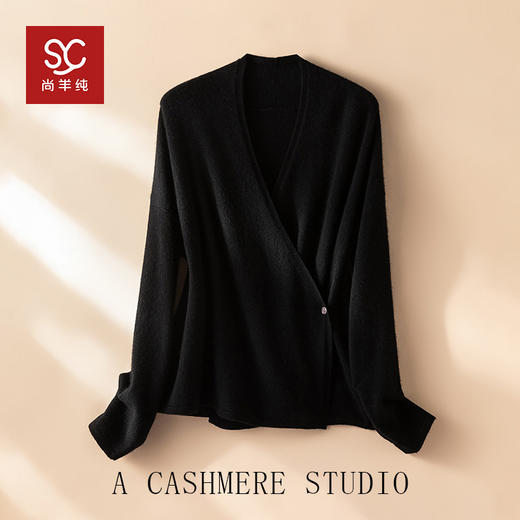 法式极简~羊绒V领针织开衫女不对称交叉气质宽松披肩外套R25100 商品图4
