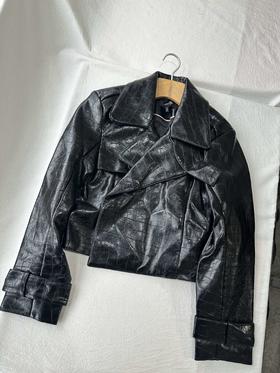 贝壳三 仿鳄鱼纹机车风复古皮衣短款翻领黑色帅气外套女C120317