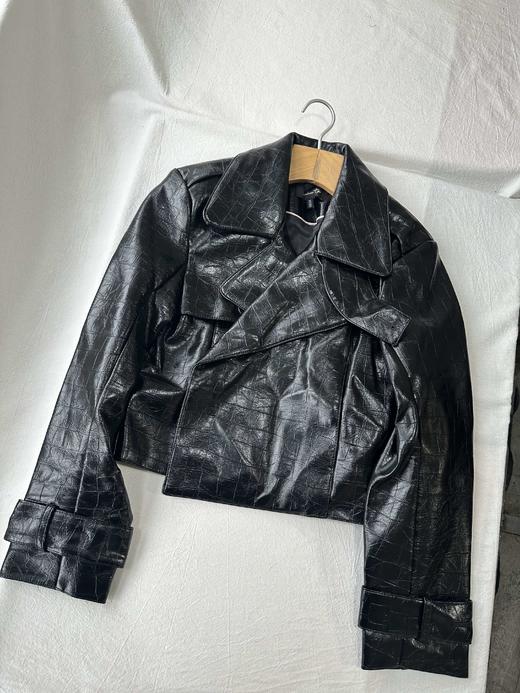 贝壳三 仿鳄鱼纹机车风复古皮衣短款翻领黑色帅气外套女C120317 商品图0