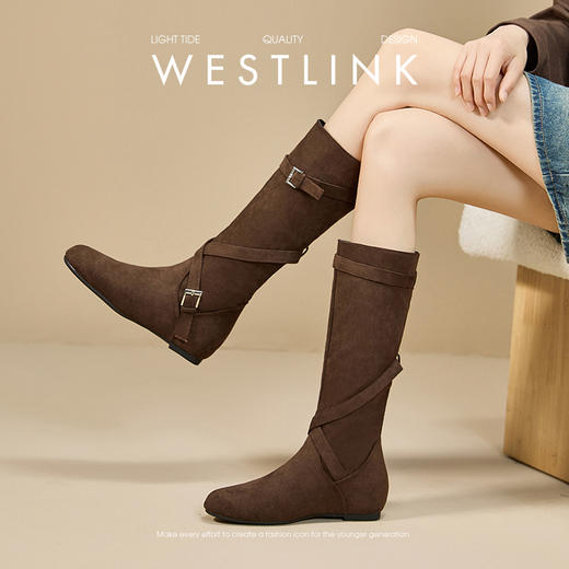 西遇内增高长筒靴女新款秋冬巨好看褶皱堆堆靴不过膝高筒长靴K2357308 商品图2
