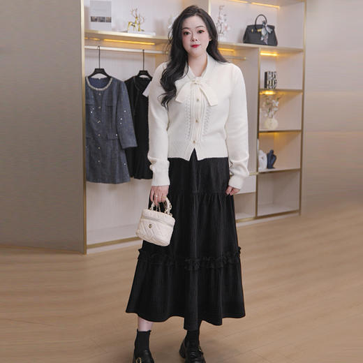 奢姿大码女装2025冬季蝴蝶结减龄绑带针织套装胖妹妹时尚两件套9854970712AB 商品图4