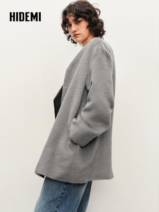 HIDEMI 进口长毛苏力羊驼毛拼皮不对称设计感大衣 长款/中款 商品图3