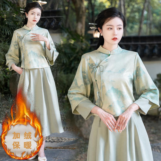 新中式国风改良旗袍，保暖鹿皮绒复古唐装上衣半身裙茶服两件套TY-YYA561 商品图0