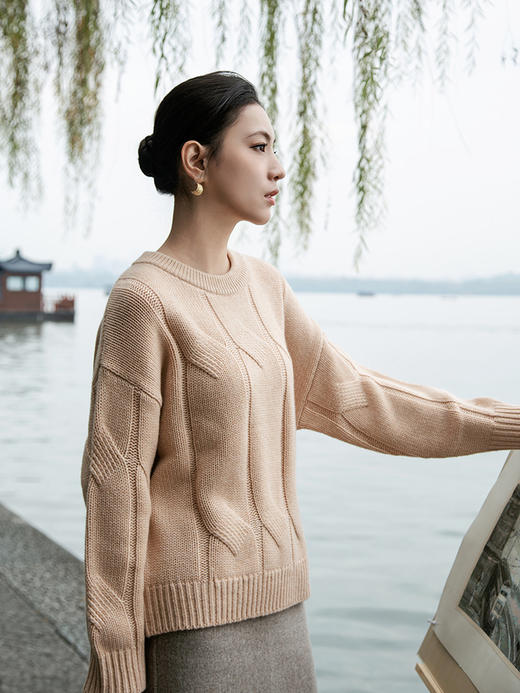 【粗棒针绞花羊绒衫】羊绒世家秋冬新款女士100%山羊绒圆领保暖针织衫 商品图1